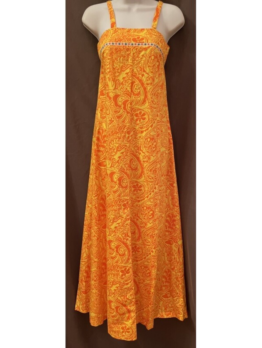 VTG Otaheite Honolulu Orange Island Hippie Psychedelic Floral Maxi Sundress XS/S